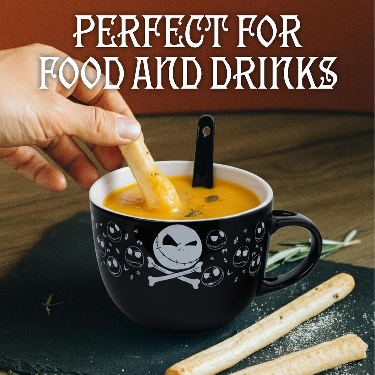 Silver Buffalo Nightmare Before Christmas Jack Cross Bones - Taza de sopa de cerámica con cuchara de 24 onzas