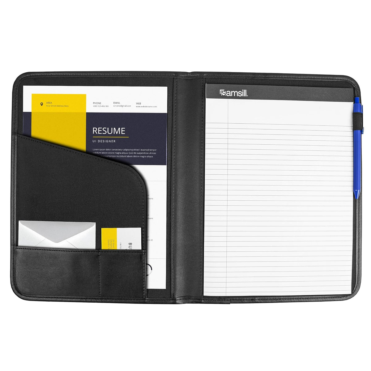 Samsill Padfolio profesional, portafolios de negocios, negro, incluye 8.5 x 11 bloc de escritura