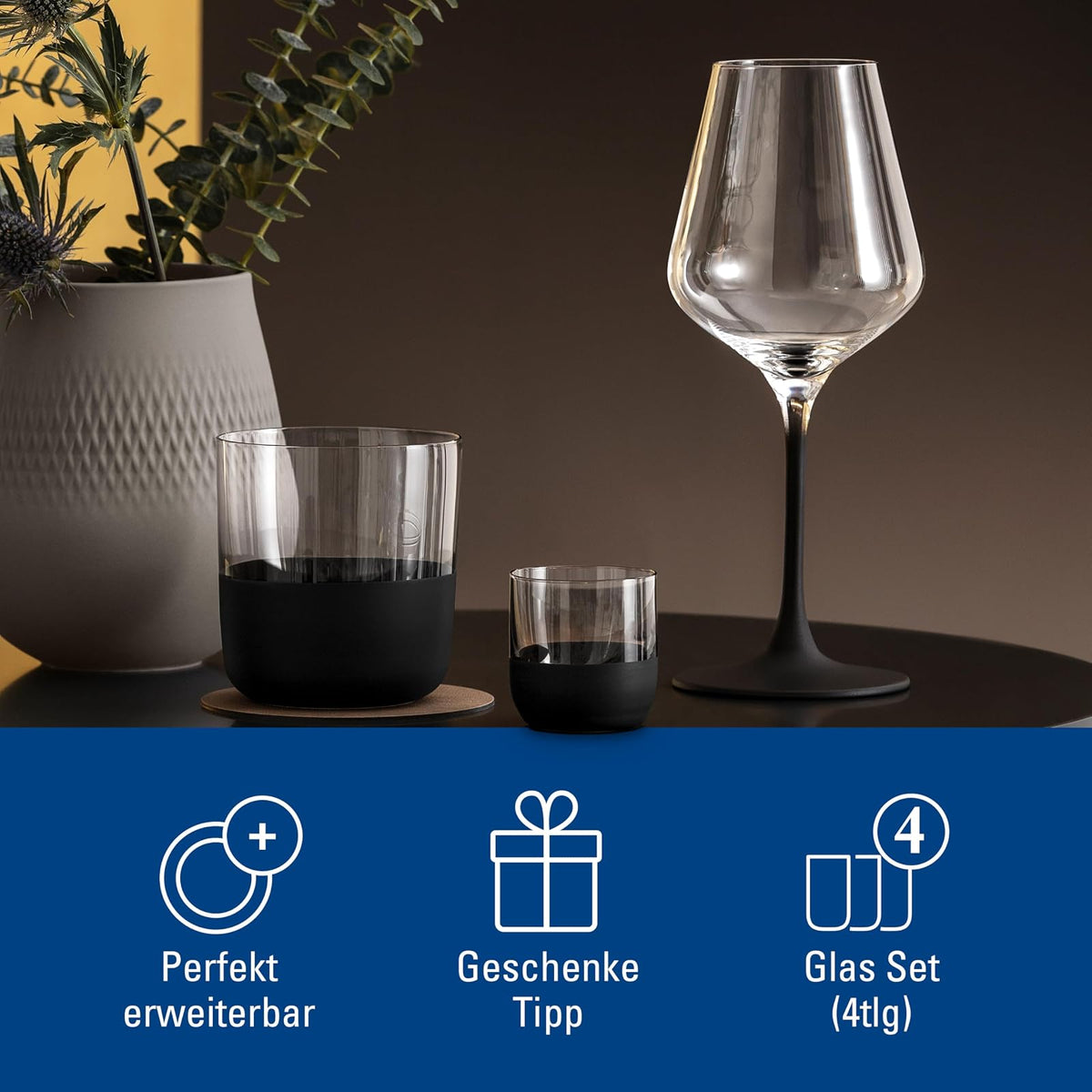 Villeroy & Boch - Manufacture Rock Juego de vasos de chupito y vaso de chupito, 4 unidades, vidrio con base negra mate, capacidad 40 ml