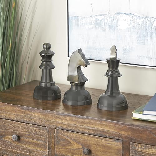 Deco 79 CosmoLiving by Cosmopolitan - Escultura de ajedrez de Aluminio con Caballero, Queen y King, Juego de 3 9 Pulgadas, 9 Pulgadas, 10 Pulgadas de Alto, Gris Oscuro
