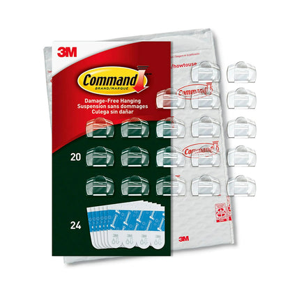 Command Clips de luz para exteriores, transparentes, 20 clips, 24 tiras, decoran sin daños + 3M Command Ganchos Decorativos, Mini, Transparentes (Modelo 17026CLR)