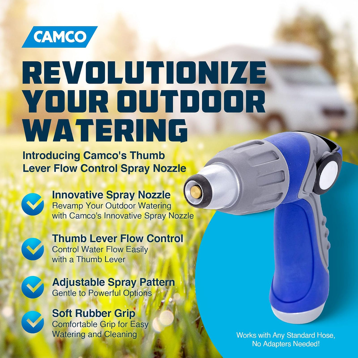 Camco Thumb Lever Nozzle with Adjustable Spray Pattern - Fits Any Standard Hose (41986)