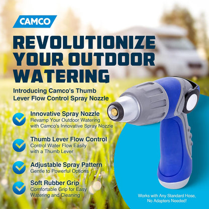 Camco Thumb Lever Nozzle with Adjustable Spray Pattern - Fits Any Standard Hose (41986)