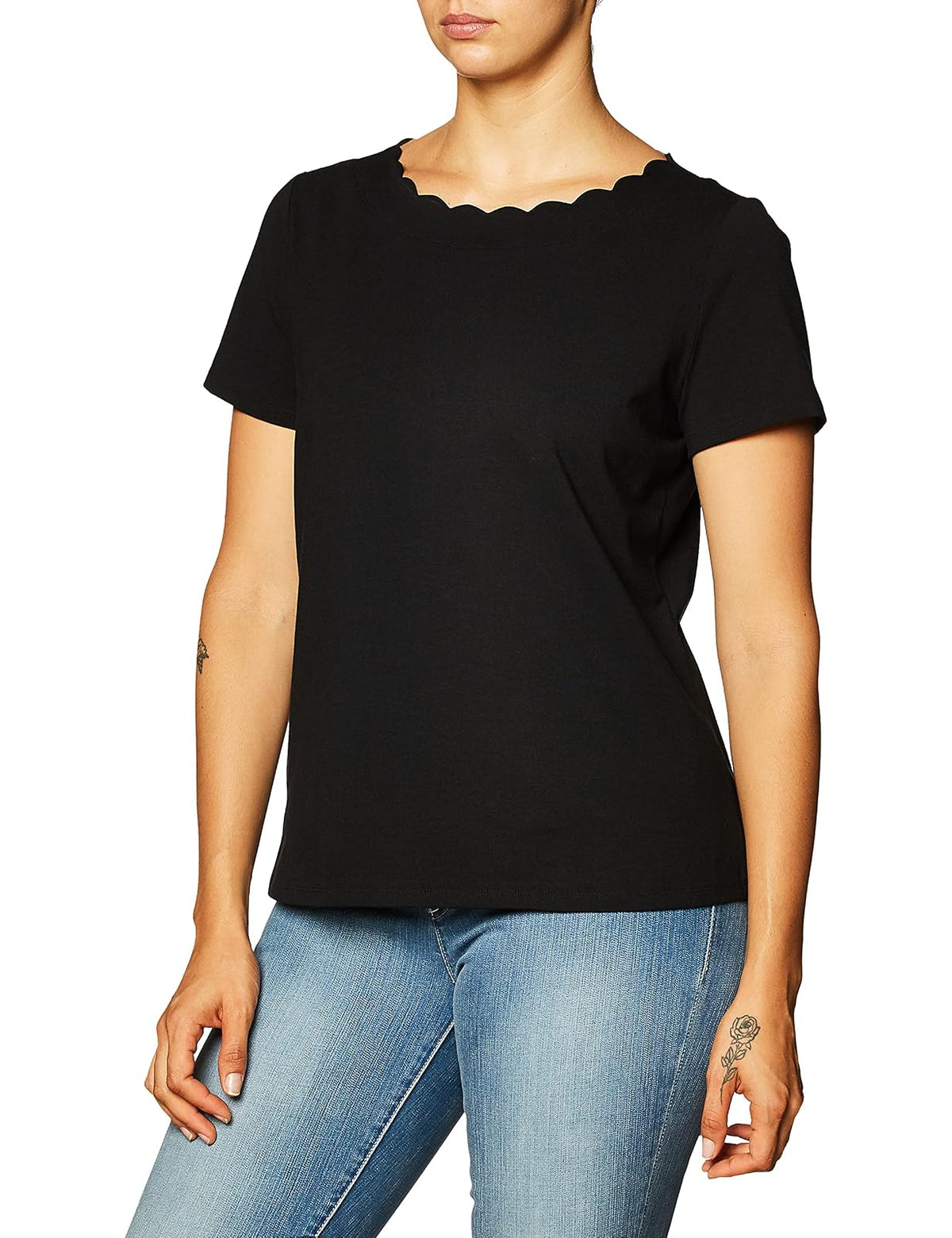 Anne Klein Camiseta de algodón de Manga Corta con Cuello Festoneado Camiseta para Mujer