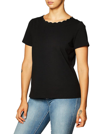 Anne Klein Camiseta de algodón de Manga Corta con Cuello Festoneado Camiseta para Mujer