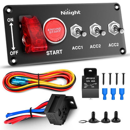 Nilight - Panel de interruptor de encendido de 12 V 5 en 1 con interruptor de botón de motor con arnés de cableado de relé LED para RV, camión, carreras, coche, barco, remolque marino