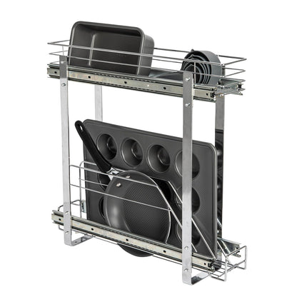 Household Essentials Glidez Organizador de almacenamiento multiusos de acero chapado en cromo extraíble y deslizable para utensilios de cocina y utensilios de hornear, diseño de 2 niveles, se adapta a