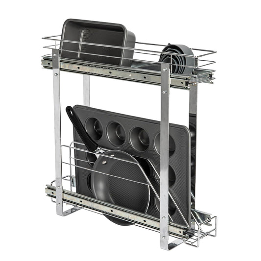 Household Essentials Glidez Organizador de almacenamiento multiusos de acero chapado en cromo extraíble y deslizable para utensilios de cocina y utensilios de hornear, diseño de 2 niveles, se adapta a