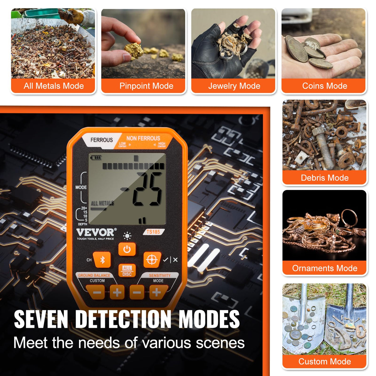 VEVOR Detector de Metales Impermeable, Bobina de 12 Pulgadas, Detector Profesional Recargable Dorado, 39-50 Pulgadas, Ajustable con LCD de 7 Modos avanzados DSP Chip Bluetooth, IP68 para detectar la