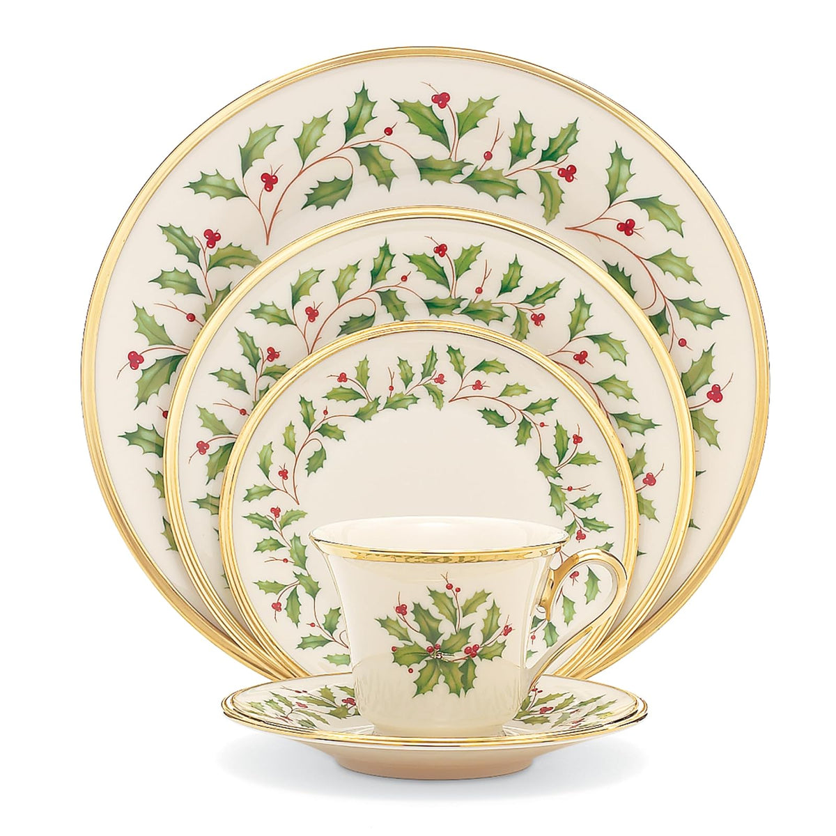 Lenox Holiday Vajilla de Porcelana Marfil con Borde Oro 24K - Juego de 5 Piezas por Comensal