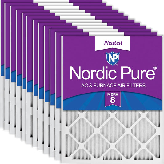 Nordic Pure 16x25x1M8 12 MERV 8 Pleated AC Furnace Air Filter, 16x25x1, Box of 12