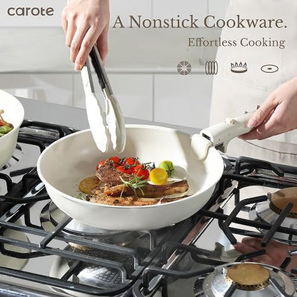 CAROTE – Batería de Cocina 15 Piezas, Ollas y Sartenes Antiadherentes, Mango Desmontable, Apto para Horno, Color Granito Blanco, Compatible con Inducción y Gas