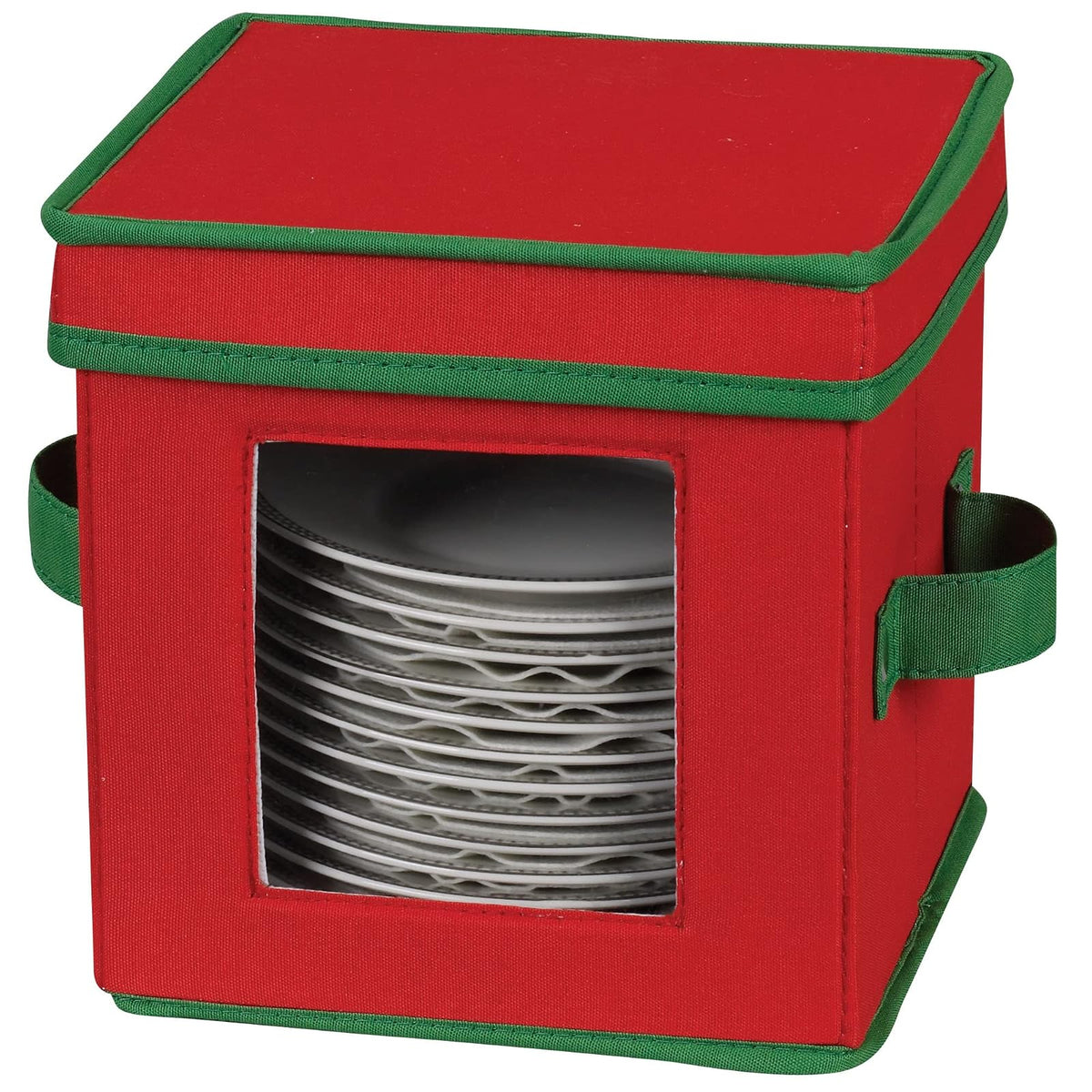 Household Essentials Holiday Dinnerware Storage Chest for Saucers, Red with Green Trim