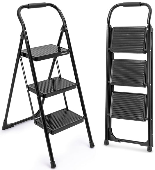 SereneLife Escalera Plegable de Acero de 3 Peldaños Anchos Antiderrapantes con Pasamanos, Capacidad de 150 kg, Ideal para Limpieza, Decoración y Tareas del Hogar