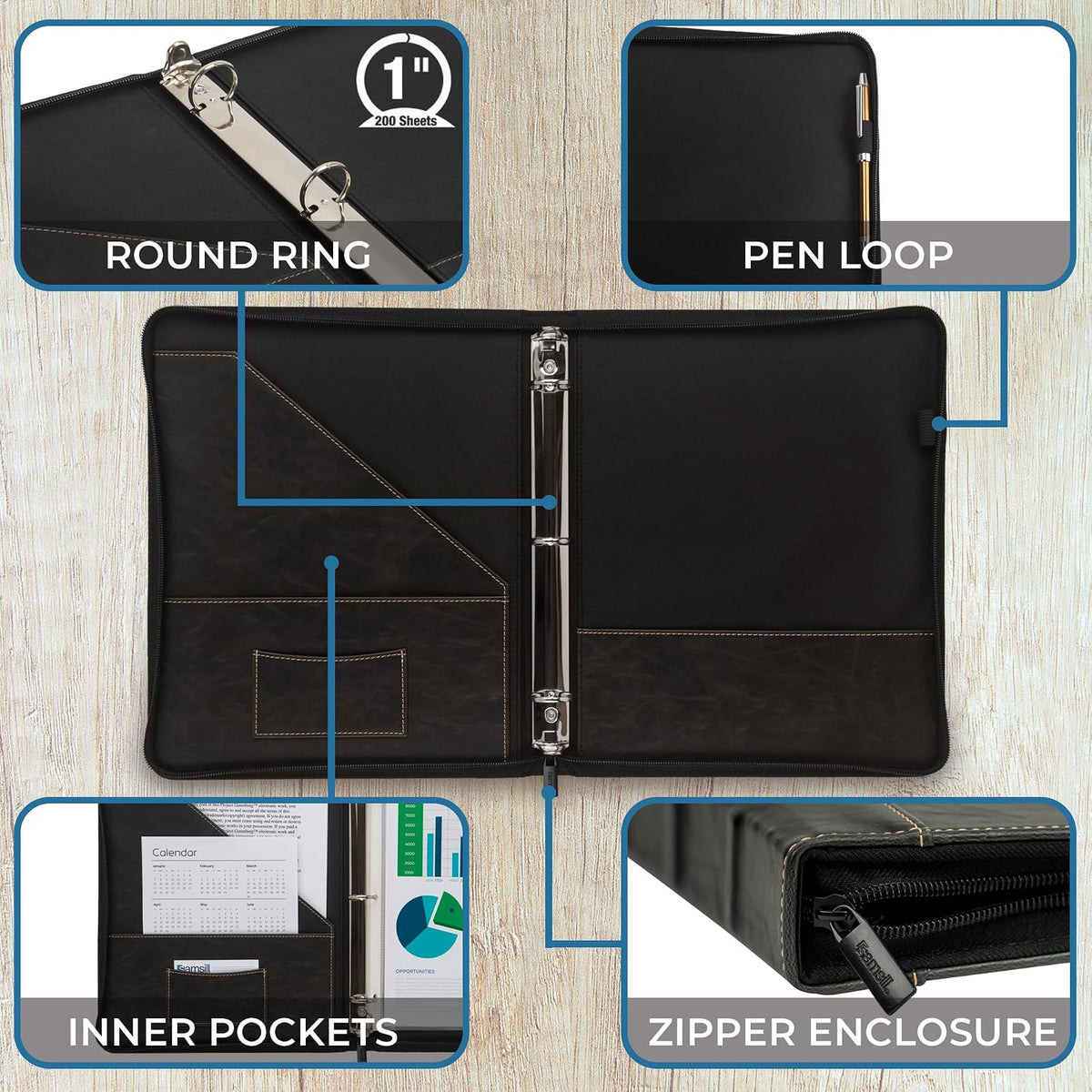 Samsill - Carpeta de piel clásico, con cierre, anillo redondo de 1 pulgada, tamaño carta documentos de 8.5 x 11, costuras en contraste, portafolios organizadora profesional, planificador, negro