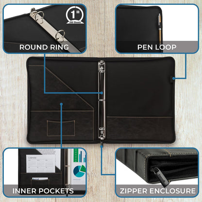 Samsill - Carpeta de piel clásico, con cierre, anillo redondo de 1 pulgada, tamaño carta documentos de 8.5 x 11, costuras en contraste, portafolios organizadora profesional, planificador, negro