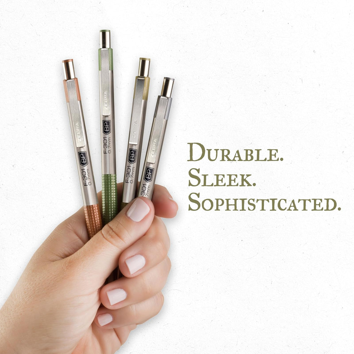 Zebra Pen F-301 Signature Series - Bolígrafo retráctil de 0,7 mm, tinta negra, barril de acero inoxidable duradero con detalles de tonos terrosos, detalles de barril surtidos, paquete de 4 (27304)