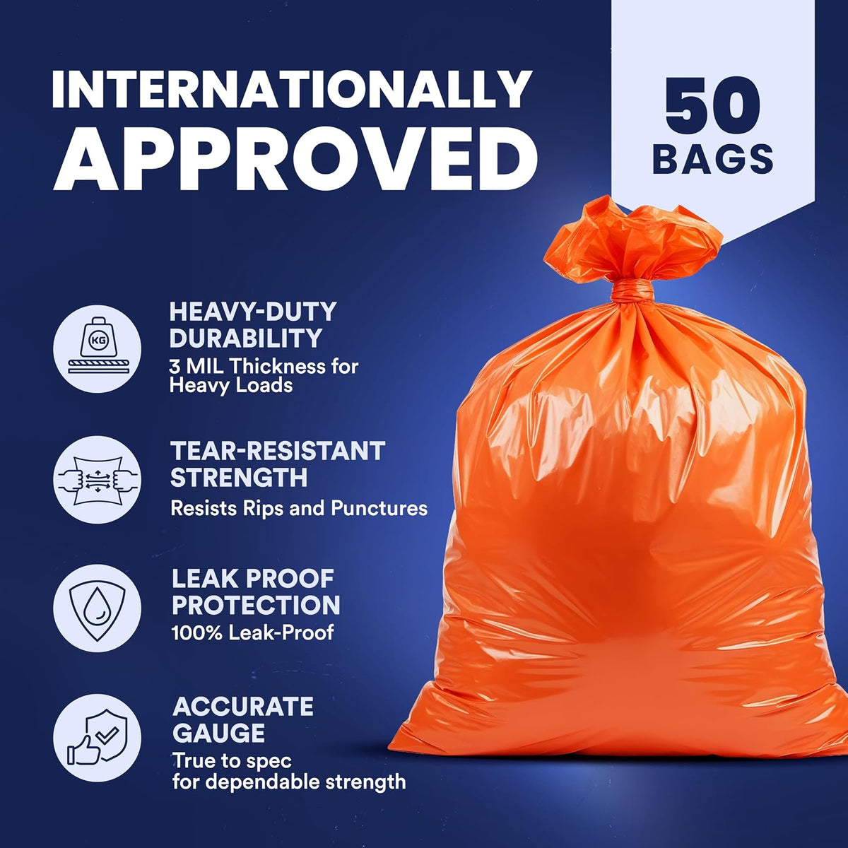 Plasticplace Contractor Trash Bags 42 Gallon - 3.0 Mil, Orange Heavy Duty Garbage Bag 33” x 48” (50 Count)