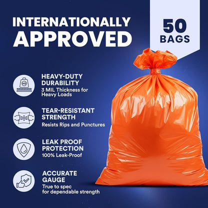 Plasticplace Contractor Trash Bags 42 Gallon - 3.0 Mil, Orange Heavy Duty Garbage Bag 33” x 48” (50 Count)