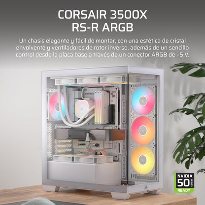 Corsair 3500X RS-R ARGB Caja de PC Semitorre – 3 Ventiladores RS120-R ARGB Preinstalados, Puede Incluir hasta 10 Ventiladores de 120mm, Compatible con Placa Base de Conexión Inversa – Blanco