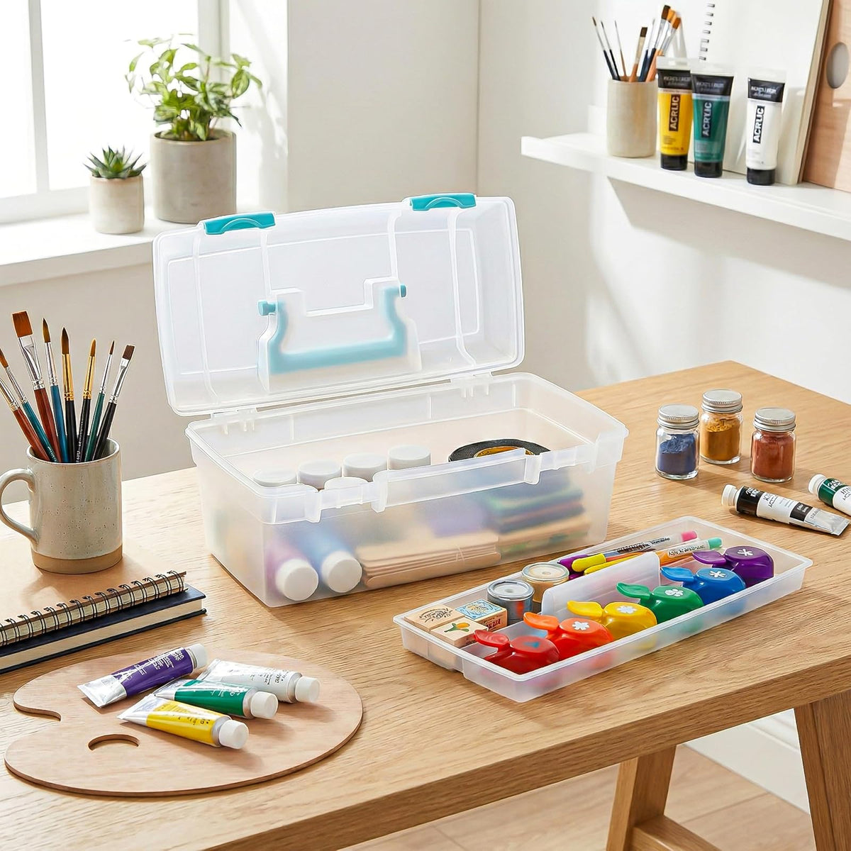 ArtBin 6937AG Essentials Caja de Bandeja elevable, Organizador portátil de Arte y Manualidades con asa y Bandeja, Transparente/Aguamarina