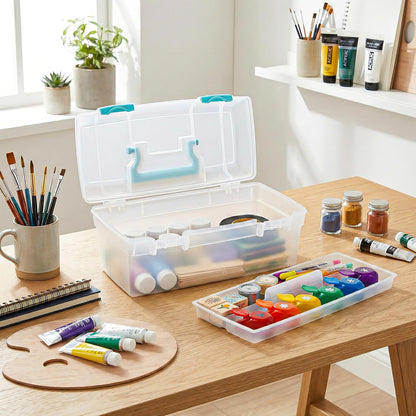 ArtBin 6937AG Essentials Caja de Bandeja elevable, Organizador portátil de Arte y Manualidades con asa y Bandeja, Transparente/Aguamarina