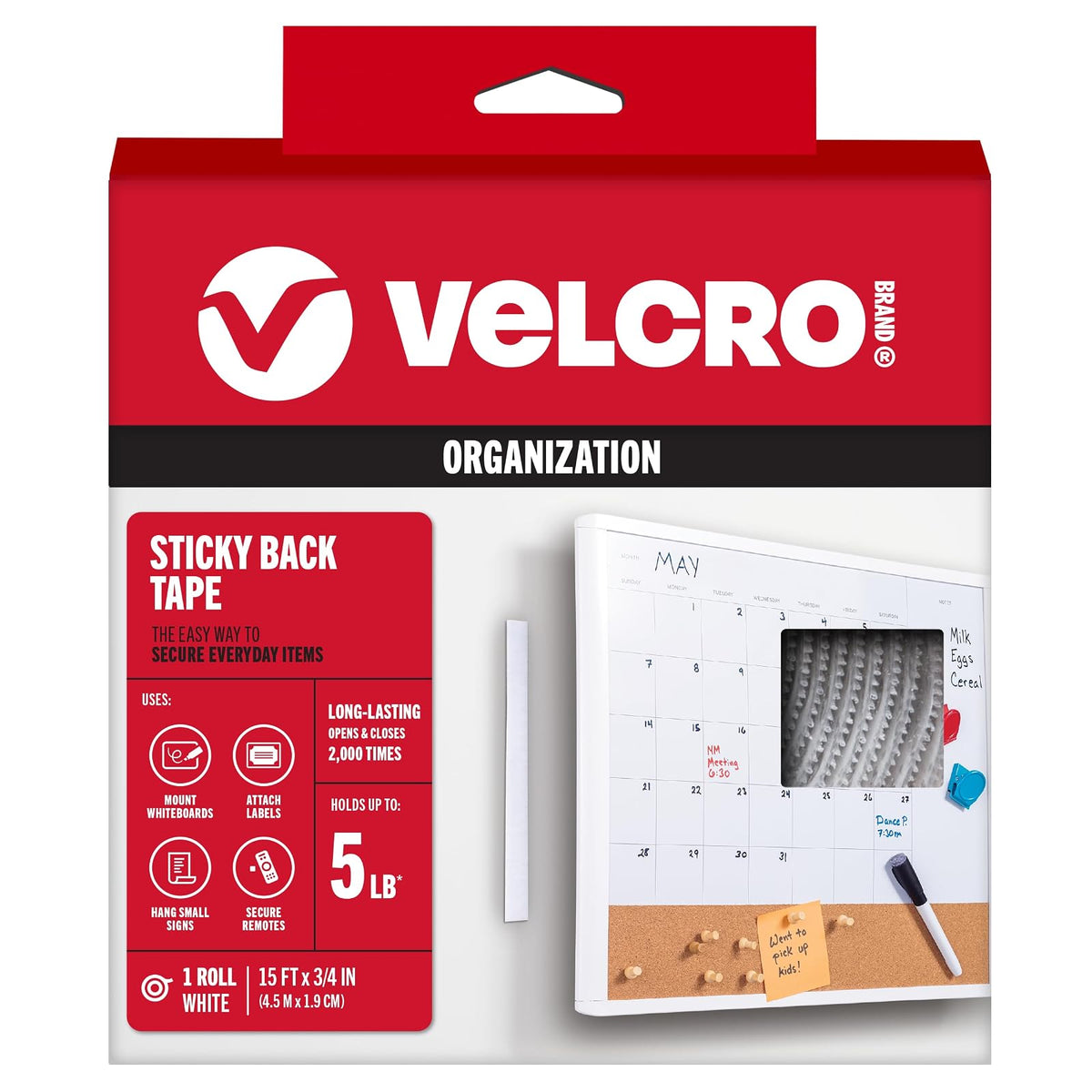 VELCRO Tiras Adhesivas para Fijar y Organizar - Blanco - 4.5 m x 1.9 cm - Cinta - Rollo