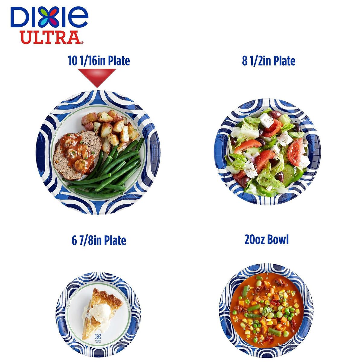 Dixie Ultra Platos de papel, 10 1/16 pulgadas, plato desechable impreso tamaño cena, 172 unidades (4 paquetes de 43 platos), el embalaje y el diseño pueden variar
