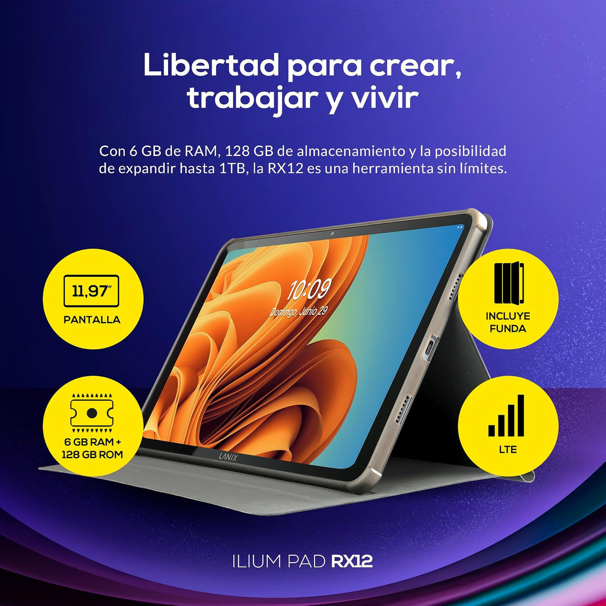 Lanix Ilium Pad RX12 Tablet 11.97" IPS 1200x2000, Unisoc T616 Octa Core, 6GB RAM, 128GB, Android 15, Cámara 13MP+5MP, Batería 8000mAh, LTE/Wi-Fi Dual Band, Bluetooth 5.0, USB-C, Negro