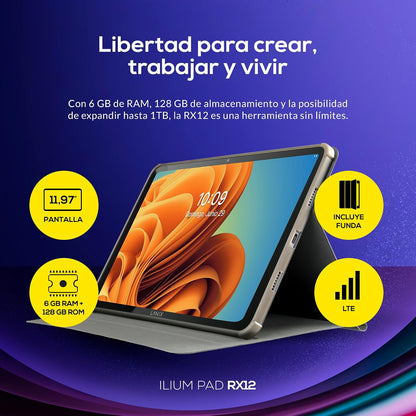 Lanix Ilium Pad RX12 Tablet 11.97" IPS 1200x2000, Unisoc T616 Octa Core, 6GB RAM, 128GB, Android 15, Cámara 13MP+5MP, Batería 8000mAh, LTE/Wi-Fi Dual Band, Bluetooth 5.0, USB-C, Negro