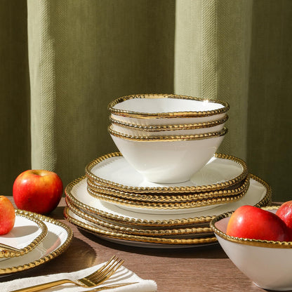 Christian Siriano Akoya - Juego de vajilla de porcelana, 12 piezas, juego de platos para 4, platos y cuencos, blanco y dorado