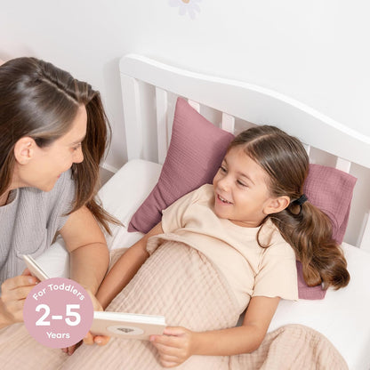 Comfy Cubs Toddler Pillow with Muslin Pillowcase, 13 x 18 in - Travel and Sleep Support for Kids - Lightweight, Microfiber Fill - Soft and Cozy Small Pillow for Toddlers - Mauve