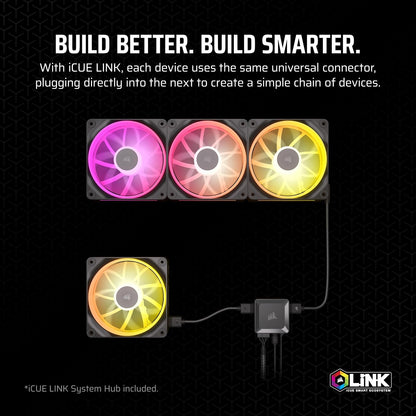 CORSAIR iCUE Link LX120 RGB 120 mm PWM Ventiladores – Paquete Triple – Bucles de luz dual – Incluye iCUE Link System Hub – Tecnología CORSAIR AirGuide – Negro