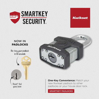 Kwikset SmartKey - Candado de acero laminado con llave con grillete de carburo de boro, puerta exterior y cerradura de almacenamiento, cuerpo de 2 pulgadas, grillete de 1-1/2 pulgadas, paquete de 2