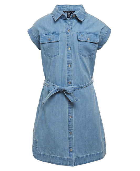 Calvin Klein - Vestido Camisero de Mezclilla Ligero de Manga Corta para niñas