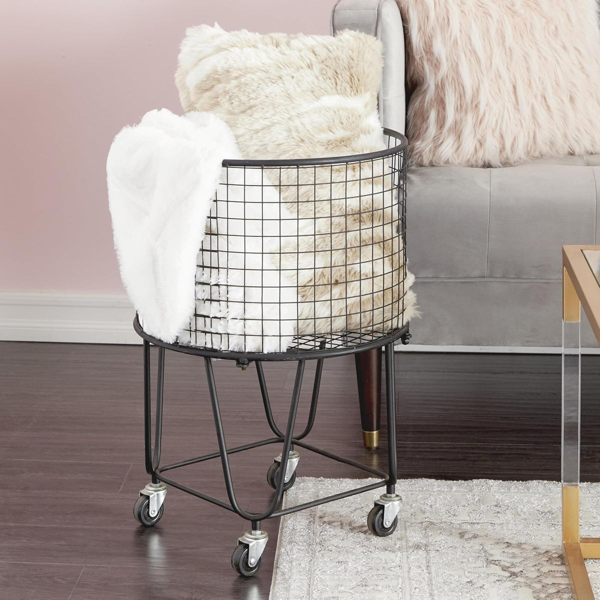 CosmoLiving by Cosmopolitan Metal Deep Set Rolling Mesh Laundry Basket Storage Cart, 17" x 17" x 25", Black