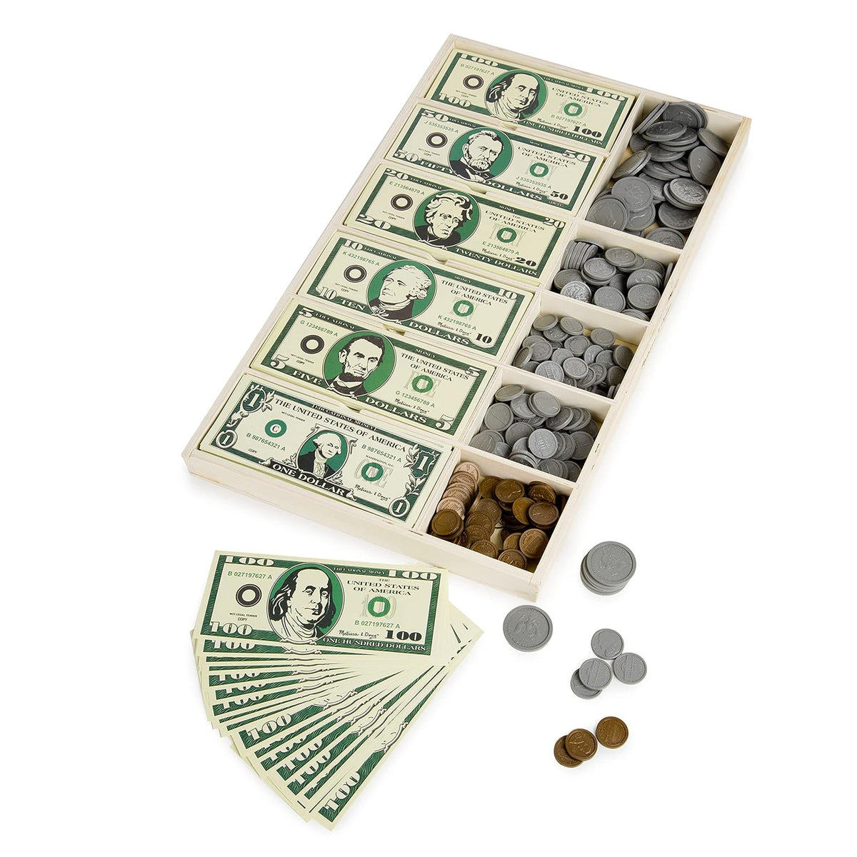 Melissa & Doug Set Clásico de Juego de Dinero, Juguetes de Desarrollo, 50 de Cada Denominación, Cajón de Efectivo en Madera