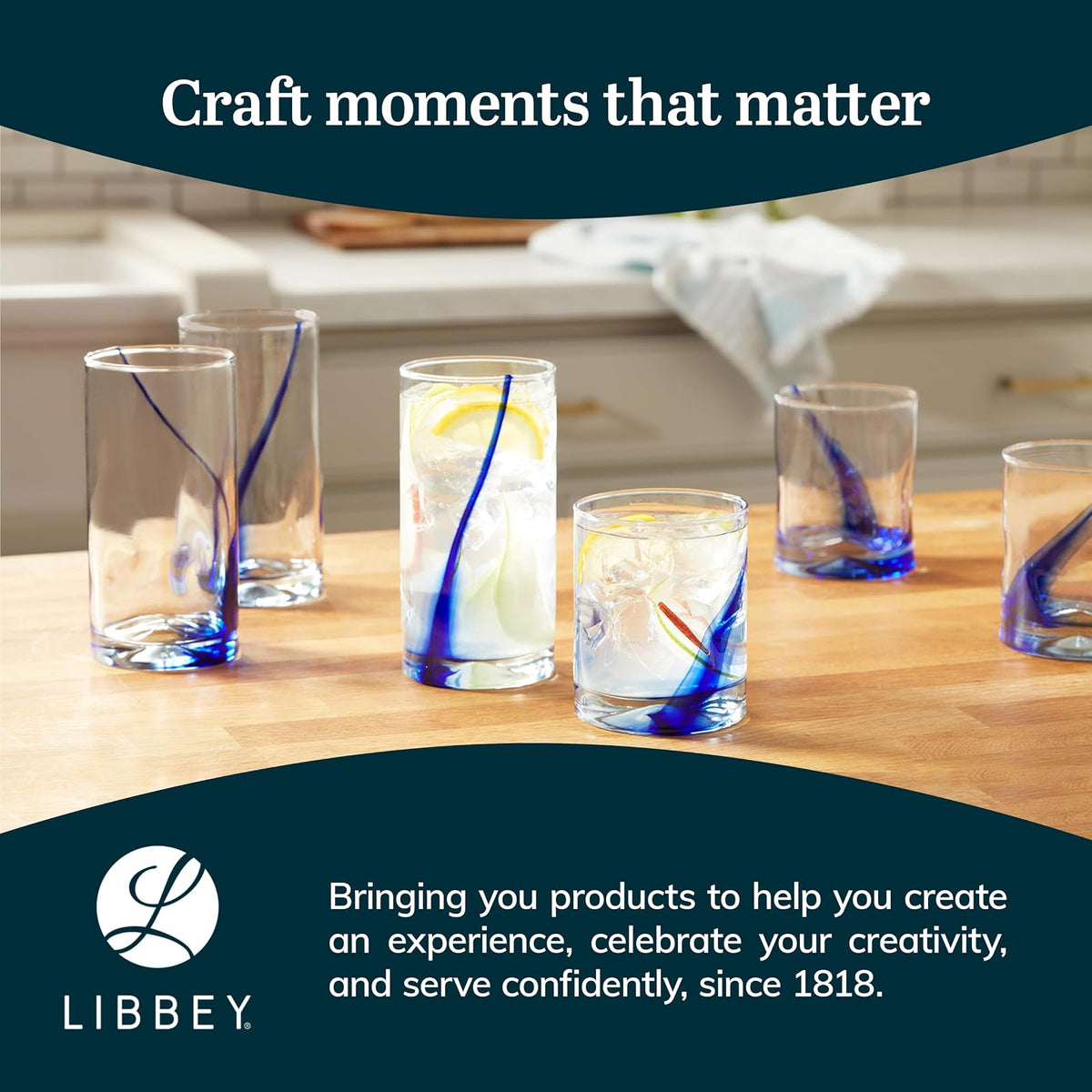 Libbey - Juego de 8 vasos y rocas de cinta azul, juego de vasos artesanales, de cuatro hoyuelos, vasos de vidrio transparentes para uso diario
