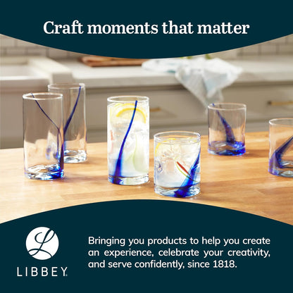Libbey - Juego de 8 vasos y rocas de cinta azul, juego de vasos artesanales, de cuatro hoyuelos, vasos de vidrio transparentes para uso diario