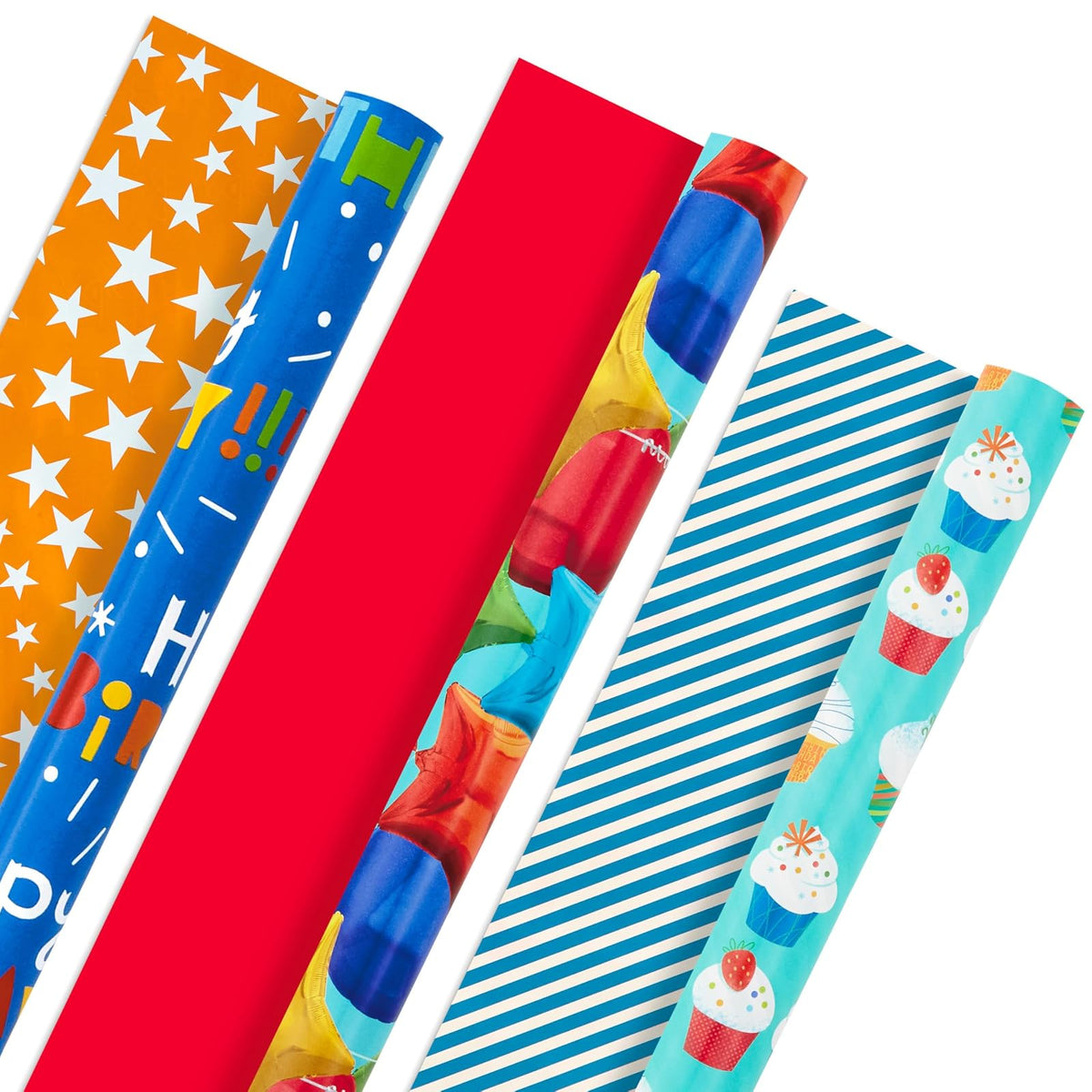 Hallmark - Rollos de papel de regalo de cumpleaños, globos, estrellas, magdalenas, rayas azules, papel de regalo rojo sólido (juego de 3 rollos reversibles: 75 m2 pies ttl.)