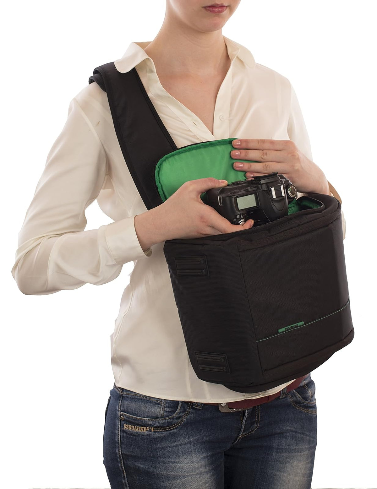 Rivacase 7470 Estuche Cámara Reflex SLR Tipo Mensajero Green Mantis. hasta 3 Lentes y Flash, Tablet 10", Anti-Impacto, 2 Bolsillos Externos, Correa al Hombro Ajustable Acojinada Antideslizante.
