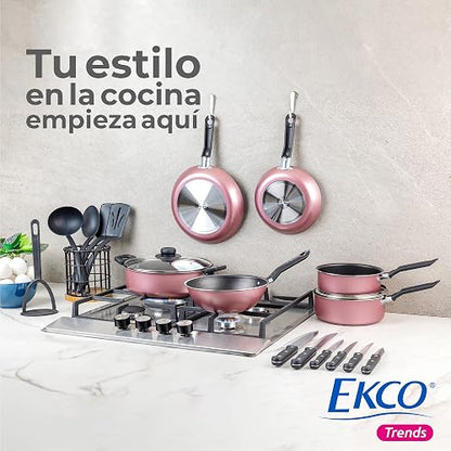 Ekco | Batería de Cocina Serum 19 Piezas de Aluminio Antiadherente Rosa | Revestimiento antiadherente, Cocción uniforme, Fácil limpieza, Uso diario, Calentamiento rápido, Mangos y asas de baquelita