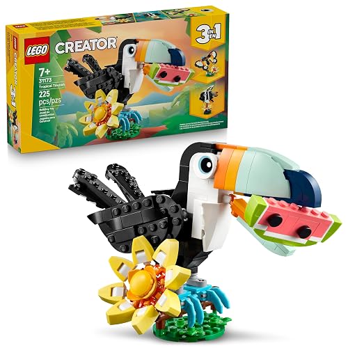 LEGO Creator 3en1 Fauna Salvaje: Tucán Tropical Figura, Se Convierte en Mariposa de Juguete o Modelo de Pez, Regalo para Amantes de la Naturaleza y Niños de 7 Años o Más 31173
