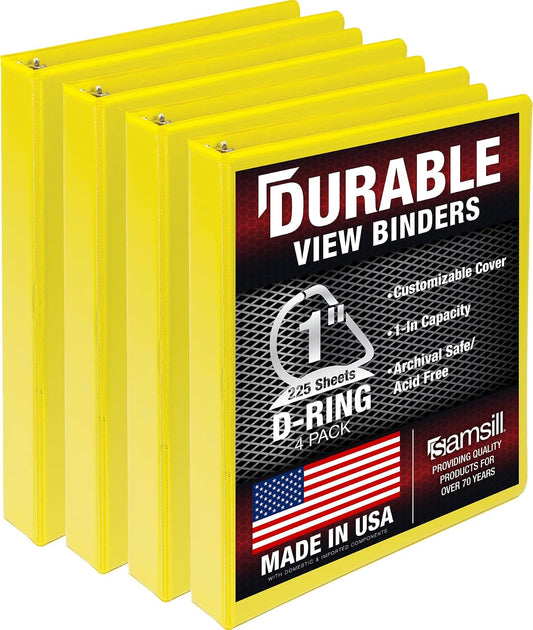 Samsill - Carpeta de 3 anillas duradera de 1 pulgada, fabricada en Estados Unidos, carpeta de anillos en D, tablero de aglomerado FSC 100% reciclado, amarillo, paquete de 4