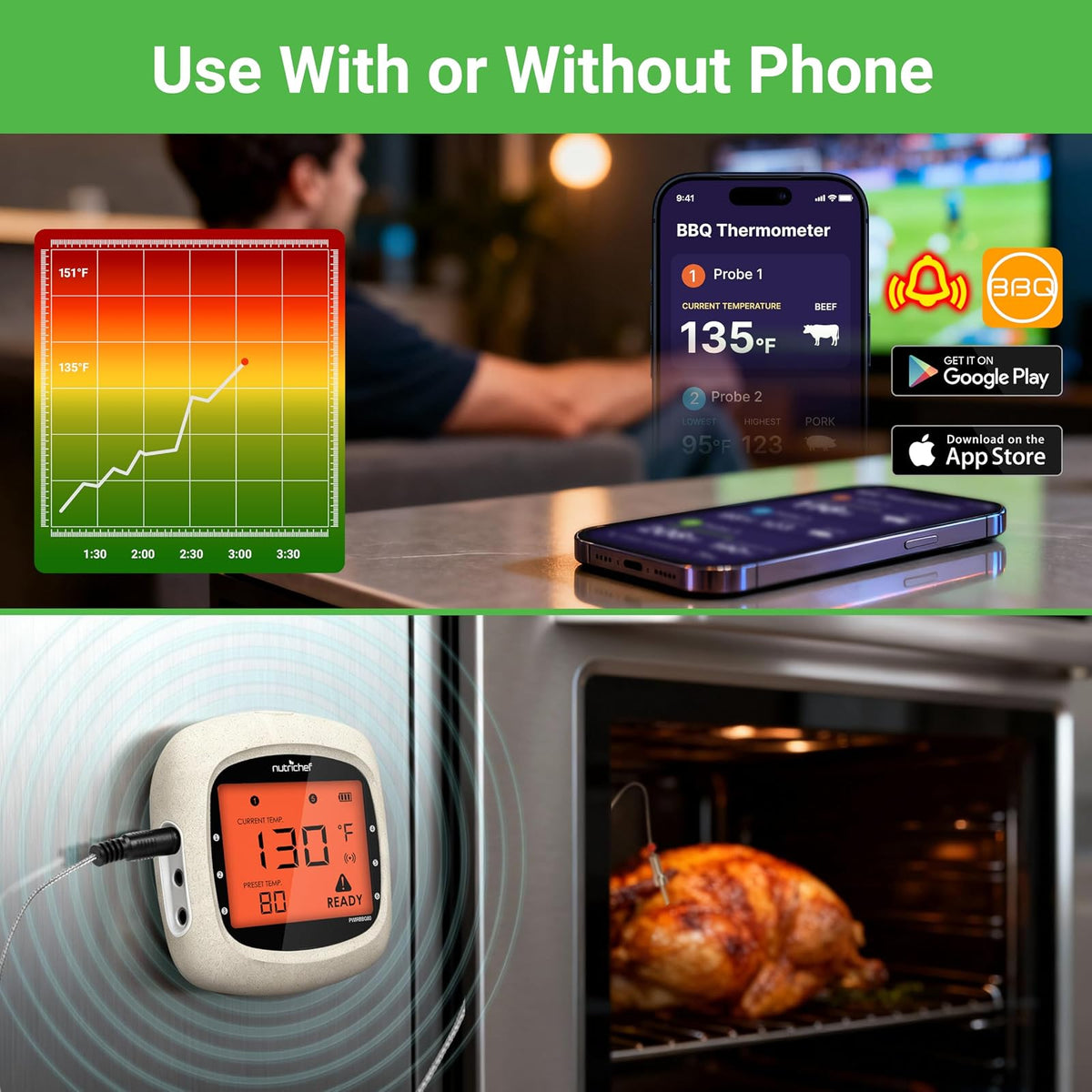 NutriChef Smart Bluetooth barbacoa termómetro w/pantalla digital - inoxidable Dual sondas seguro a dejar en al aire libre barbacoa carne ahumador - PWIRBBQ80