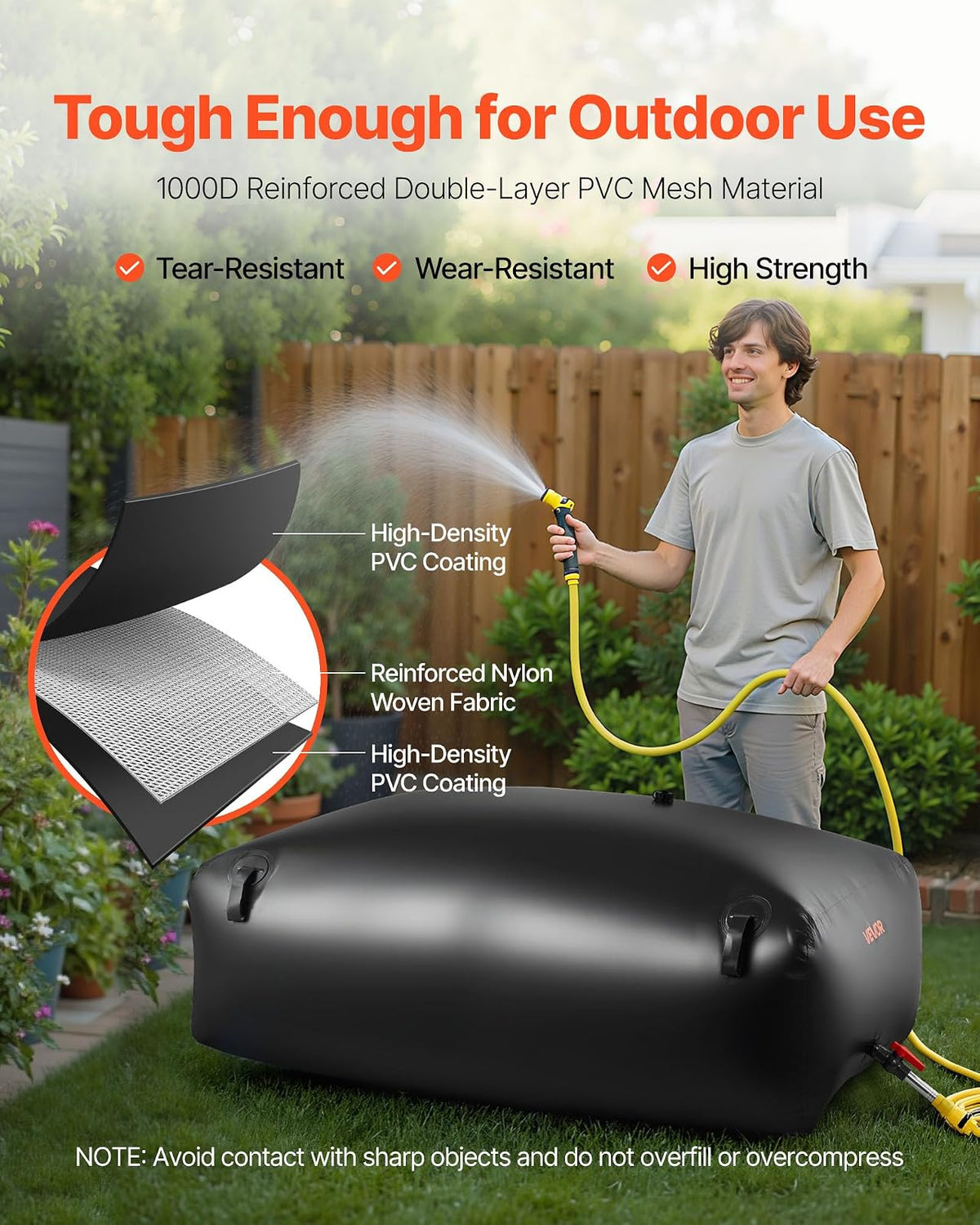 VEVOR ​Vejiga del Almacenamiento de Agua con Válvula 540 L, Bolsa de Agua de PVC Doble Capa 1000D, Portátil y Plegable, Resistente a Fugas, para Autocaravanas, Camiones, Uso en Exteriores, Negro