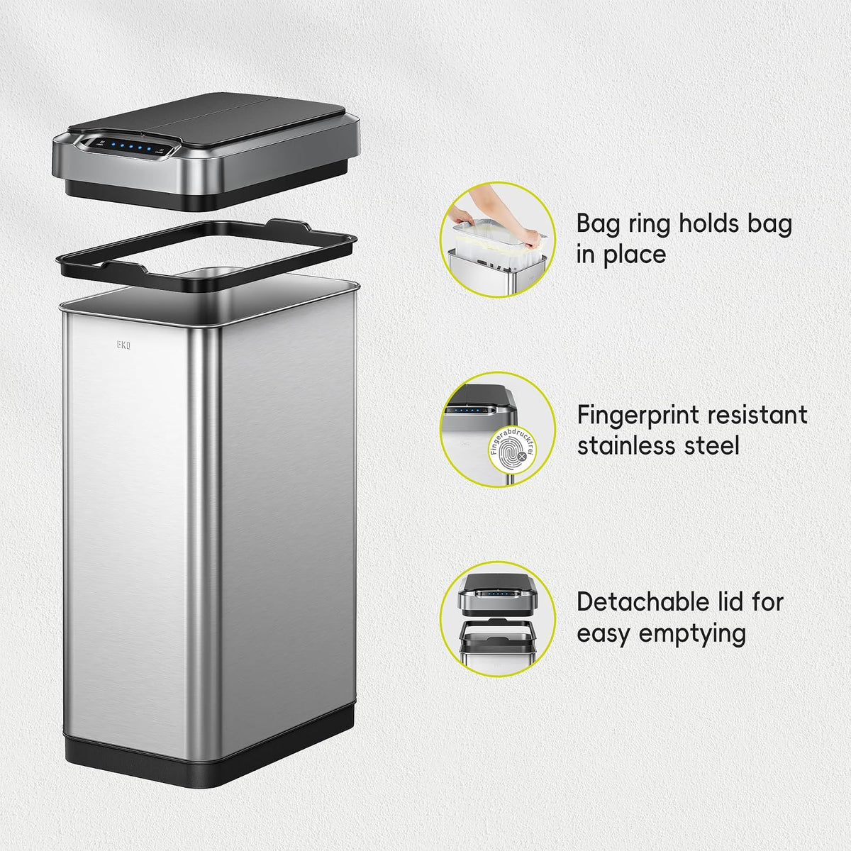 EKO Phantom-T - Bote de basura vertical con sensor de movimiento de 50 litros, acabado de acero inoxidable cepillado
