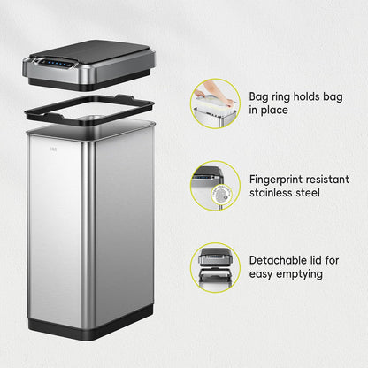 EKO Phantom-T - Bote de basura vertical con sensor de movimiento de 50 litros, acabado de acero inoxidable cepillado