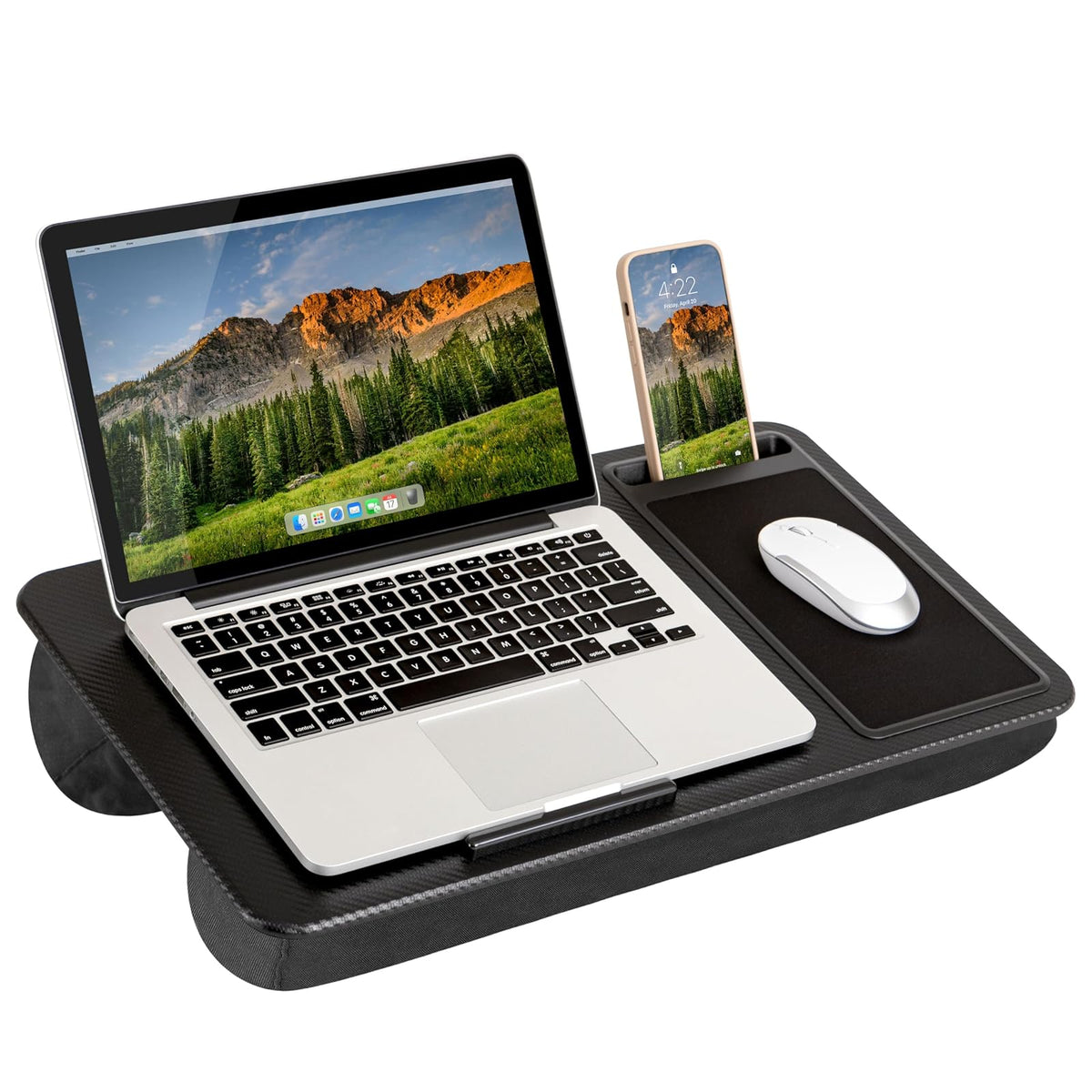 LapGear Escritorio de regazo para oficina en casa con repisa de dispositivo, alfombrilla de mouse y soporte para teléfono, carbón negro, se adapta a portátiles de hasta 15.6 pulgadas, estilo n.º 91588