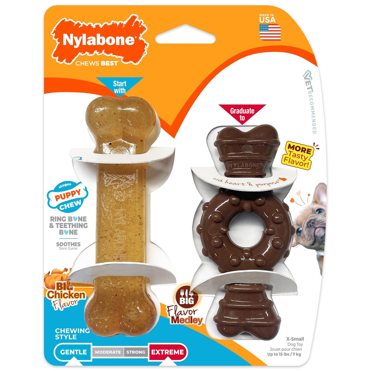 Nylabone Cachorro Masticar Anillo Hueso y Juguete Paquete Doble, Sabor Medley, 2 Unidades, Petite